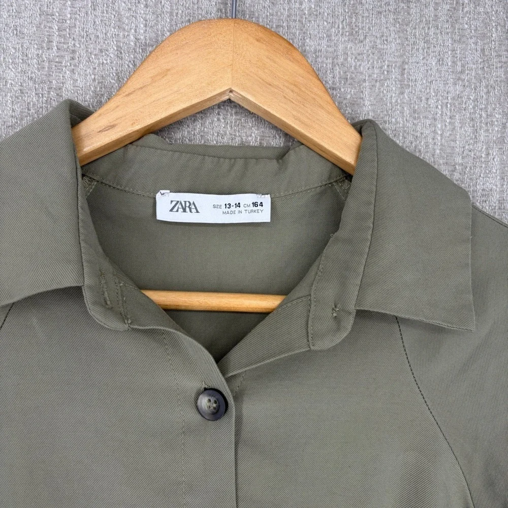 Zara Drop Waist Ruffle Hem Shirt Dress Girls 13-14 Olive Green Long Sleeve
